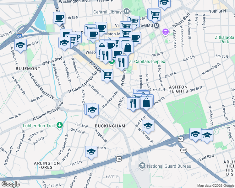 map of restaurants, bars, coffee shops, grocery stores, and more near 4141 Henderson Road in Arlington