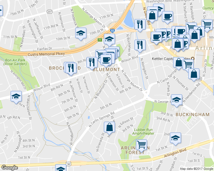 map of restaurants, bars, coffee shops, grocery stores, and more near 712 North Frederick Street in Arlington