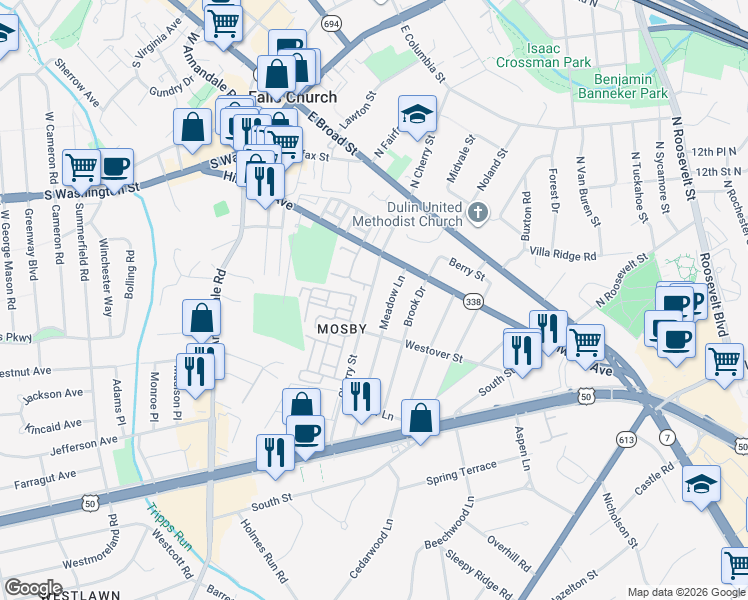 map of restaurants, bars, coffee shops, grocery stores, and more near 2833 Cherry Street in Falls Church
