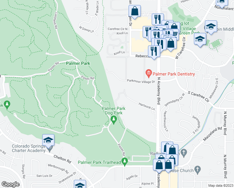 map of restaurants, bars, coffee shops, grocery stores, and more near 3490 Hartsock Lane in Colorado Springs
