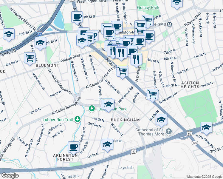 map of restaurants, bars, coffee shops, grocery stores, and more near 504 North Thomas Street in Arlington