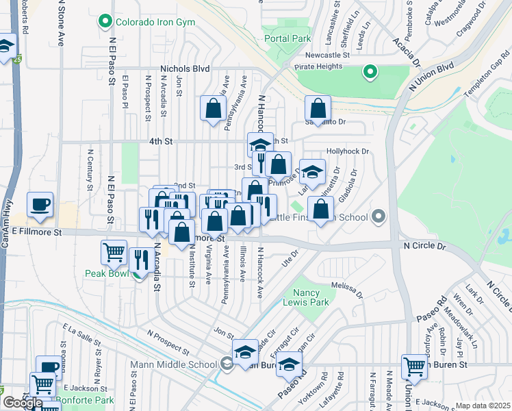 map of restaurants, bars, coffee shops, grocery stores, and more near 3022 North Hancock Avenue in Colorado Springs