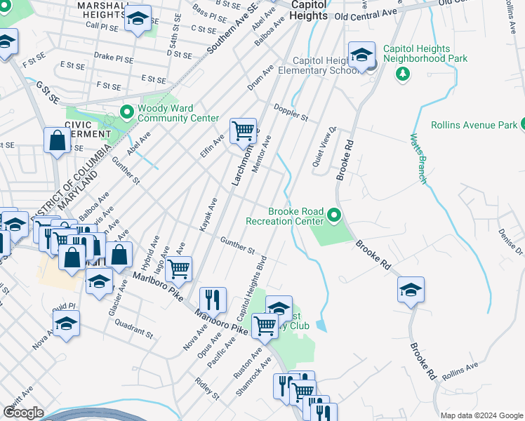 map of restaurants, bars, coffee shops, grocery stores, and more near 5101 Fable Street in Capitol Heights