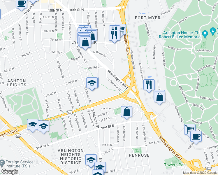 map of restaurants, bars, coffee shops, grocery stores, and more near 70 North Bedford Street in Arlington