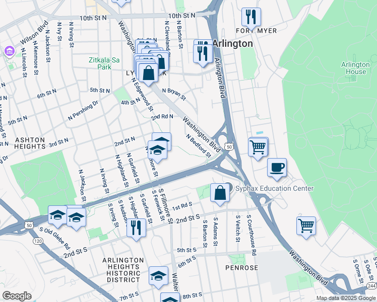 map of restaurants, bars, coffee shops, grocery stores, and more near 70 North Bedford Street in Arlington