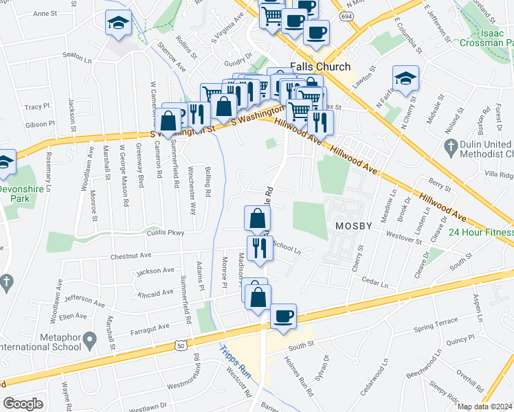 map of restaurants, bars, coffee shops, grocery stores, and more near 2844 Annandale Road in Falls Church
