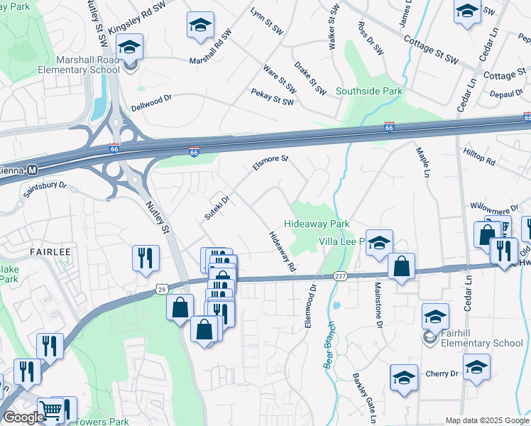 map of restaurants, bars, coffee shops, grocery stores, and more near 2871 Hideaway Road in Fairfax
