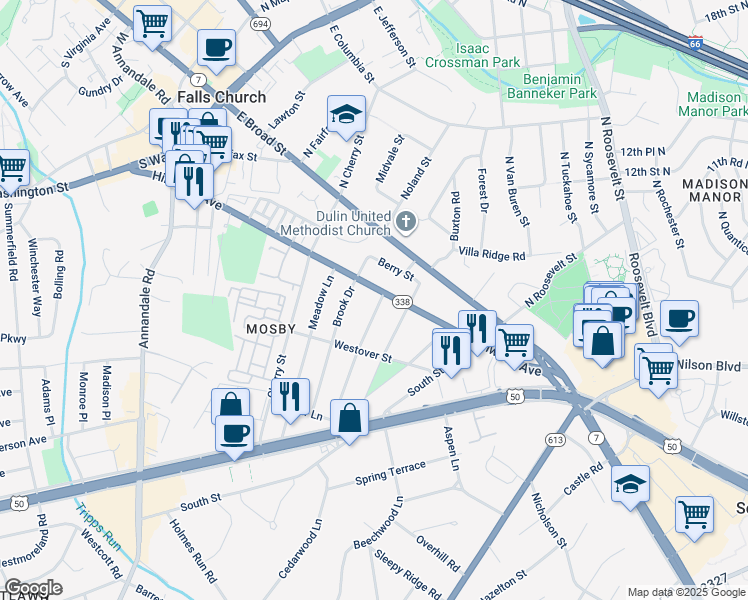 map of restaurants, bars, coffee shops, grocery stores, and more near 400 Linden Lane in Falls Church