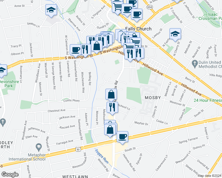 map of restaurants, bars, coffee shops, grocery stores, and more near 2836 Annandale Road in Falls Church