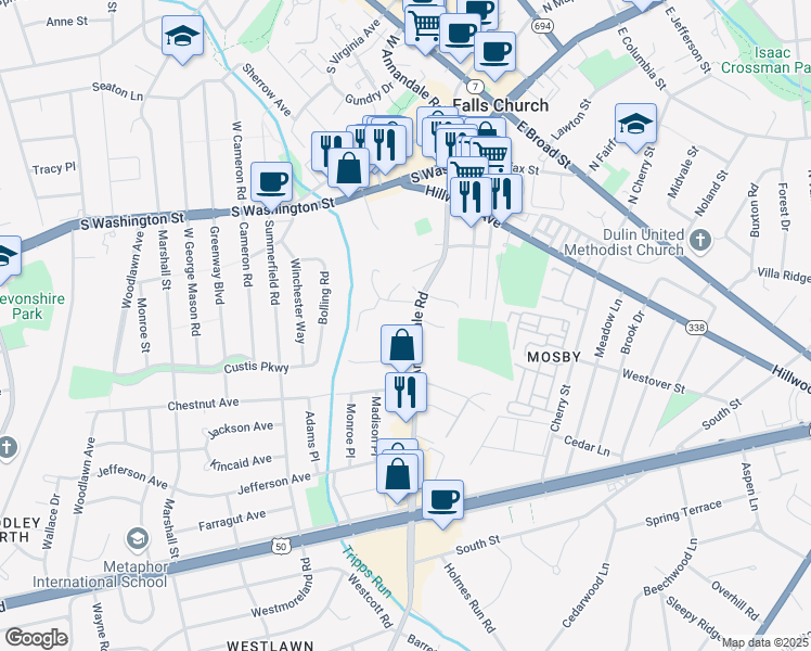 map of restaurants, bars, coffee shops, grocery stores, and more near 2854 Annandale Road in Falls Church