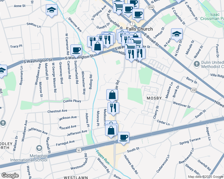 map of restaurants, bars, coffee shops, grocery stores, and more near 2842 Annandale Road in Falls Church