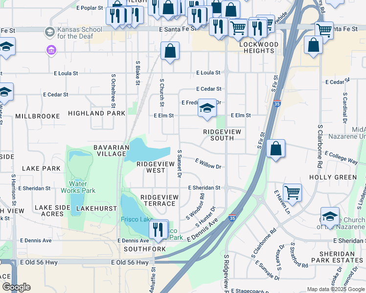 map of restaurants, bars, coffee shops, grocery stores, and more near 607 South Sunset Drive in Olathe