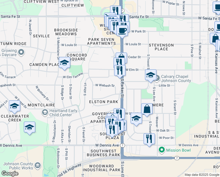 map of restaurants, bars, coffee shops, grocery stores, and more near 1013 West Wabash Street in Olathe