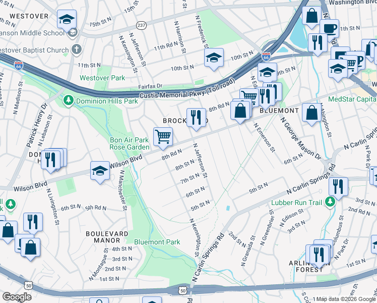 map of restaurants, bars, coffee shops, grocery stores, and more near 5614 8th Road North in Arlington