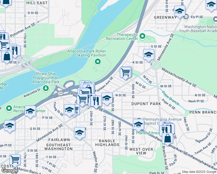 map of restaurants, bars, coffee shops, grocery stores, and more near 2727 Fairlawn Avenue Southeast in Washington