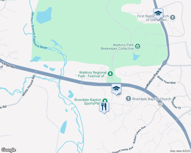 map of restaurants, bars, coffee shops, grocery stores, and more near 1025 Treeland Way in Upper Marlboro