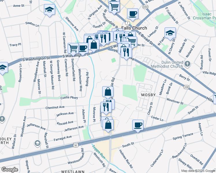 map of restaurants, bars, coffee shops, grocery stores, and more near 2836 Annandale Road in Falls Church
