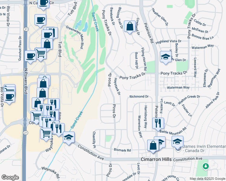 map of restaurants, bars, coffee shops, grocery stores, and more near 970 Piros Drive in Colorado Springs