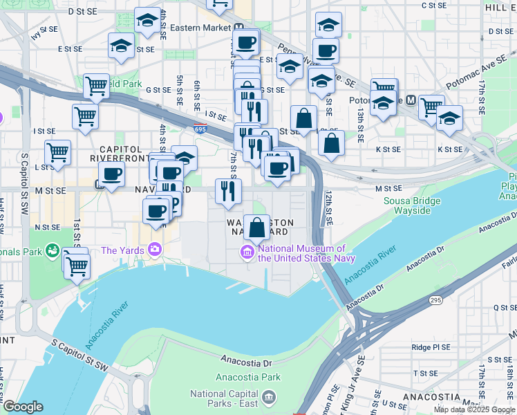 map of restaurants, bars, coffee shops, grocery stores, and more near 804-800 Tingey Crescent Southeast in Washington