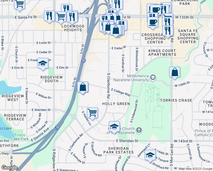 map of restaurants, bars, coffee shops, grocery stores, and more near 1540 East College Way in Olathe