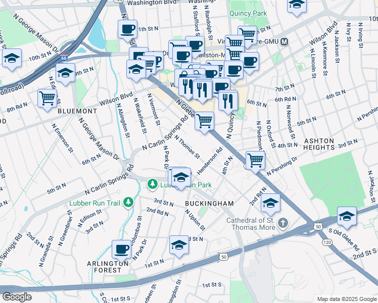 map of restaurants, bars, coffee shops, grocery stores, and more near 504 North Thomas Street in Arlington