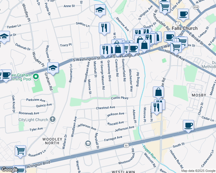map of restaurants, bars, coffee shops, grocery stores, and more near 2830 Greenway Boulevard in Falls Church