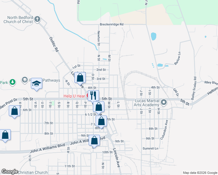 map of restaurants, bars, coffee shops, grocery stores, and more near 1300 4th Street in Bedford