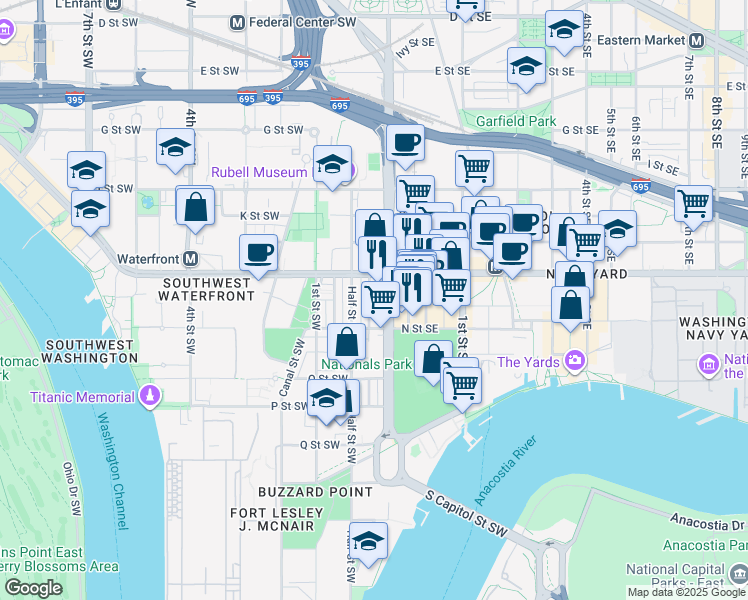 map of restaurants, bars, coffee shops, grocery stores, and more near 101 Independence Avenue Southeast in Washington