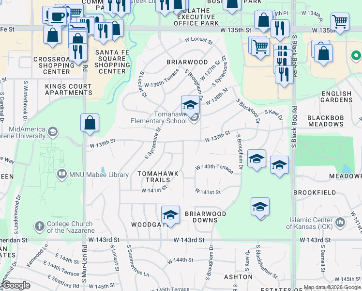 map of restaurants, bars, coffee shops, grocery stores, and more near 16011 West 139th Street in Olathe