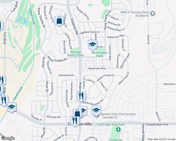 map of restaurants, bars, coffee shops, grocery stores, and more near 3035 Dockside View in Colorado Springs