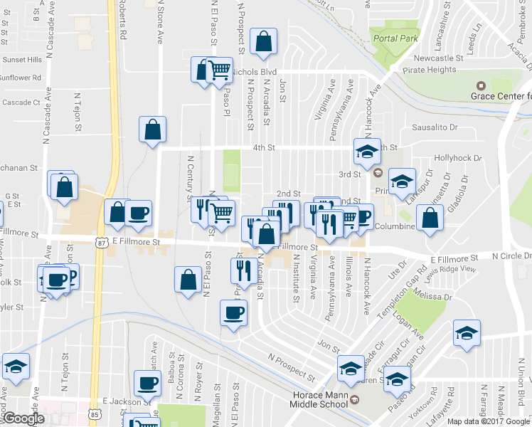 map of restaurants, bars, coffee shops, grocery stores, and more near 901 Carlisle Street in Colorado Springs