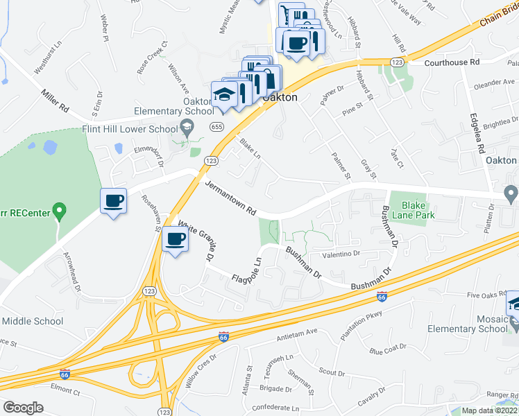 map of restaurants, bars, coffee shops, grocery stores, and more near 2830 Jermantown Road in Oakton