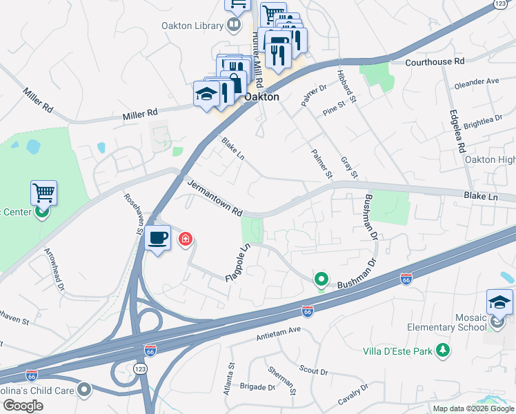 map of restaurants, bars, coffee shops, grocery stores, and more near 2992 Borge Street in Oakton