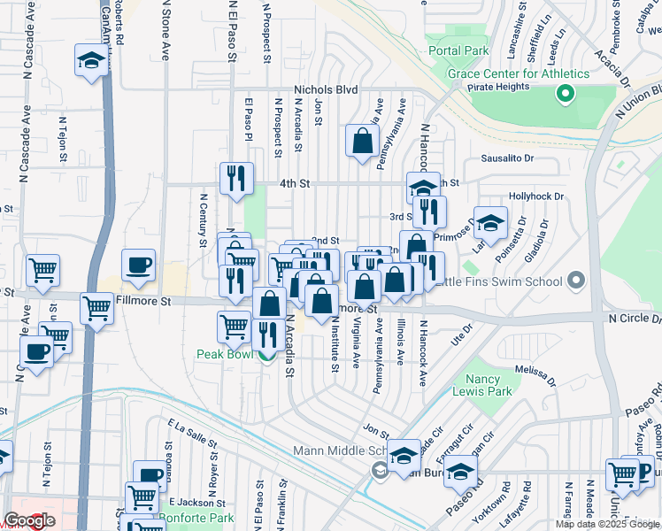map of restaurants, bars, coffee shops, grocery stores, and more near 917 Carlisle Street in Colorado Springs