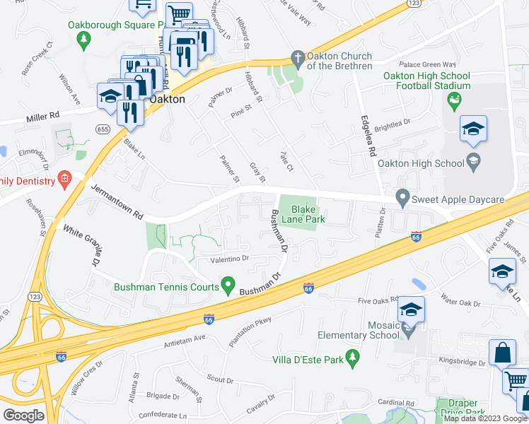 map of restaurants, bars, coffee shops, grocery stores, and more near 3132 Bradford Wood Court in Oakton