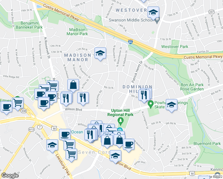 map of restaurants, bars, coffee shops, grocery stores, and more near 6078 9th Street North in Arlington