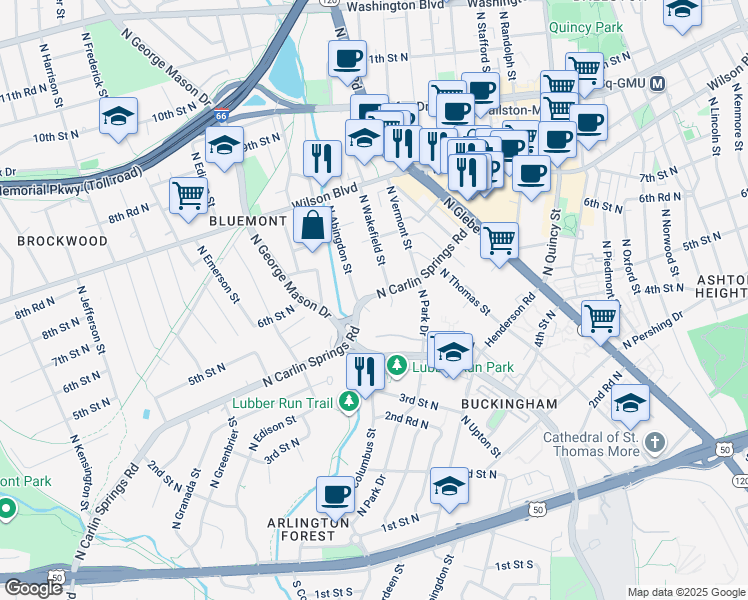 map of restaurants, bars, coffee shops, grocery stores, and more near 4610 North Carlin Springs Road in Arlington