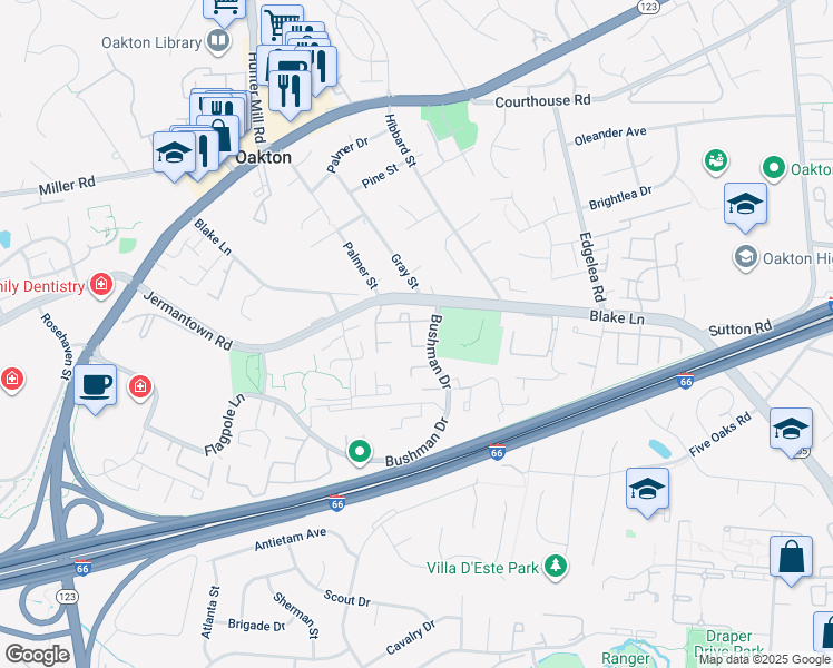 map of restaurants, bars, coffee shops, grocery stores, and more near 3132 Bradford Wood Court in Oakton