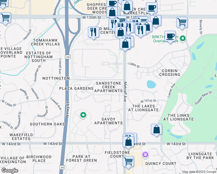 map of restaurants, bars, coffee shops, grocery stores, and more near West 139th Place in Overland Park