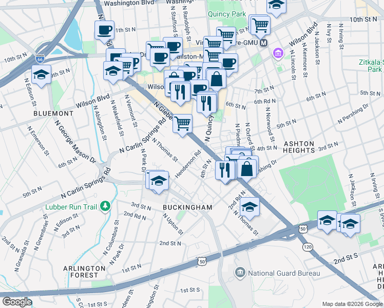 map of restaurants, bars, coffee shops, grocery stores, and more near 4141 North Henderson Road in Arlington