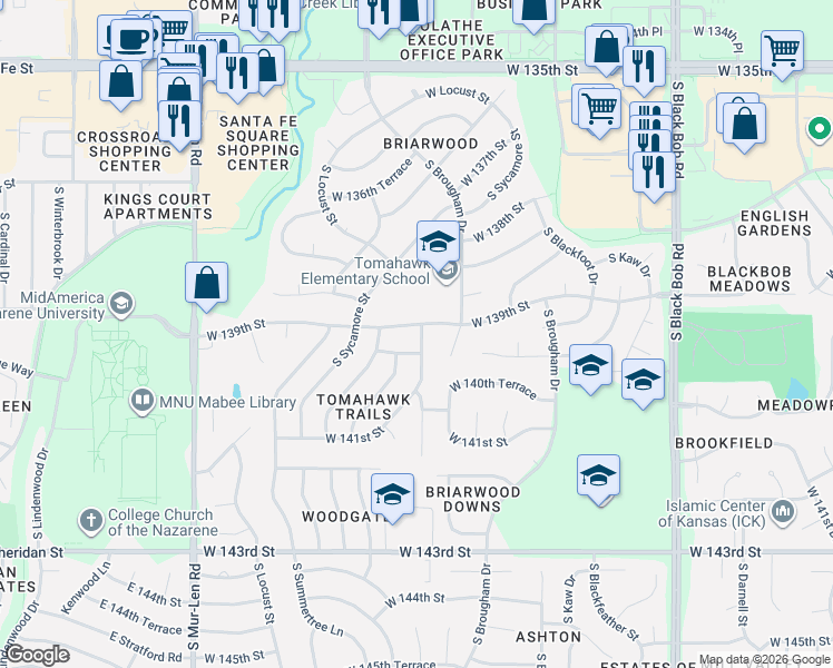 map of restaurants, bars, coffee shops, grocery stores, and more near 16011 West 139th Street in Olathe