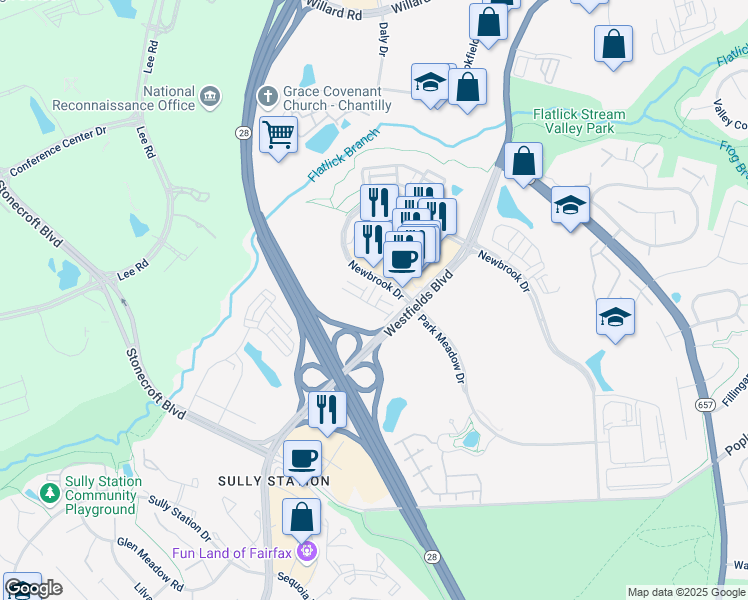 map of restaurants, bars, coffee shops, grocery stores, and more near 4767 Sully Point Lane in Chantilly