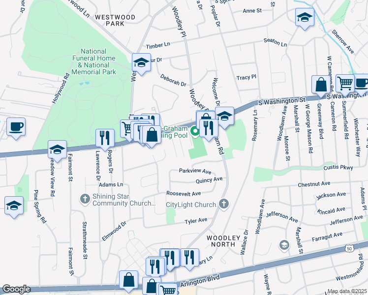 map of restaurants, bars, coffee shops, grocery stores, and more near 2833 Kalmia Lee Court in Falls Church