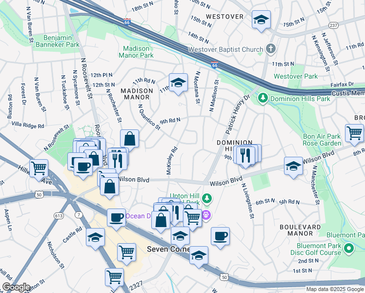 map of restaurants, bars, coffee shops, grocery stores, and more near 6094 9th Street North in Arlington
