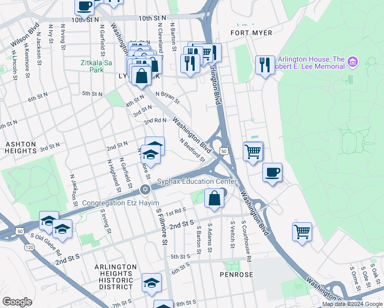 map of restaurants, bars, coffee shops, grocery stores, and more near 46 North Bedford Street in Arlington