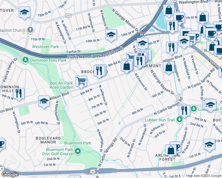 map of restaurants, bars, coffee shops, grocery stores, and more near 801 North Illinois Street in Arlington