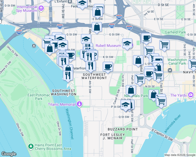 map of restaurants, bars, coffee shops, grocery stores, and more near 294 M Street Southwest in Washington
