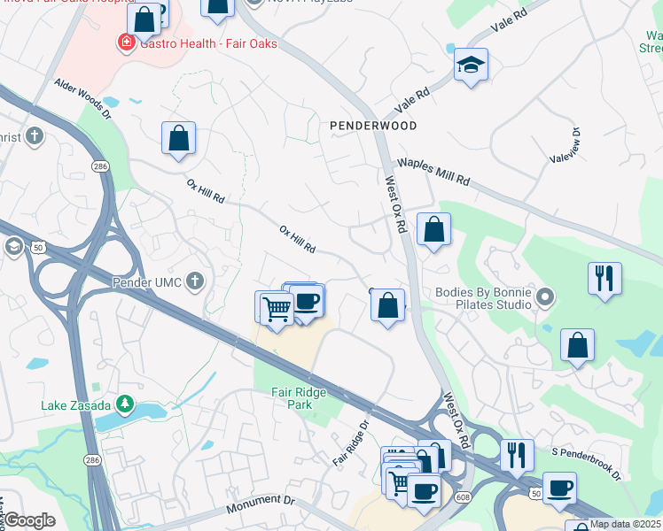 map of restaurants, bars, coffee shops, grocery stores, and more near 12231 Ox Hill Road in Fairfax