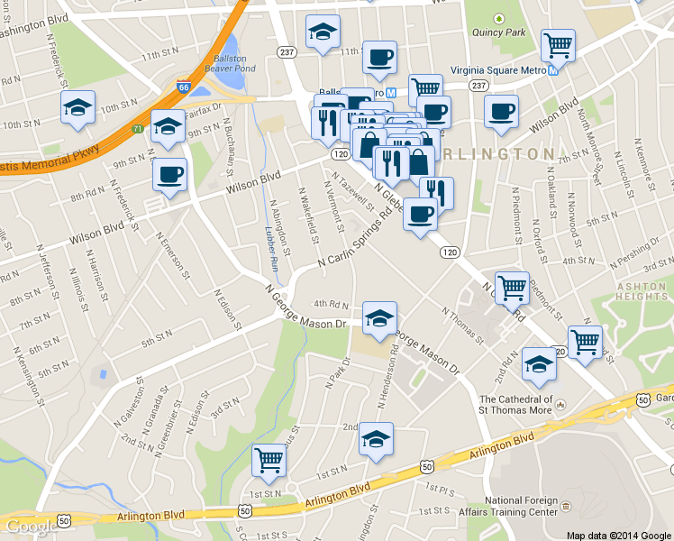 map of restaurants, bars, coffee shops, grocery stores, and more near 4514 N Carlin Springs Rd in Arlington