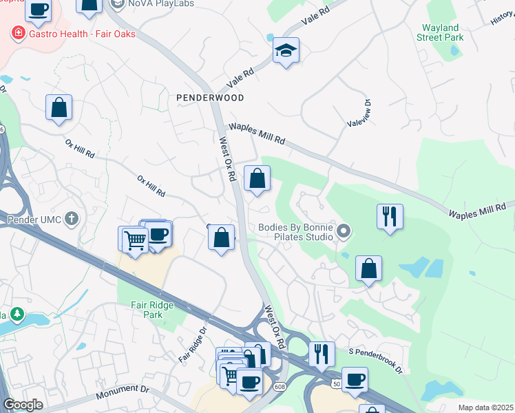 map of restaurants, bars, coffee shops, grocery stores, and more near 12114 Greenway Court in Fairfax